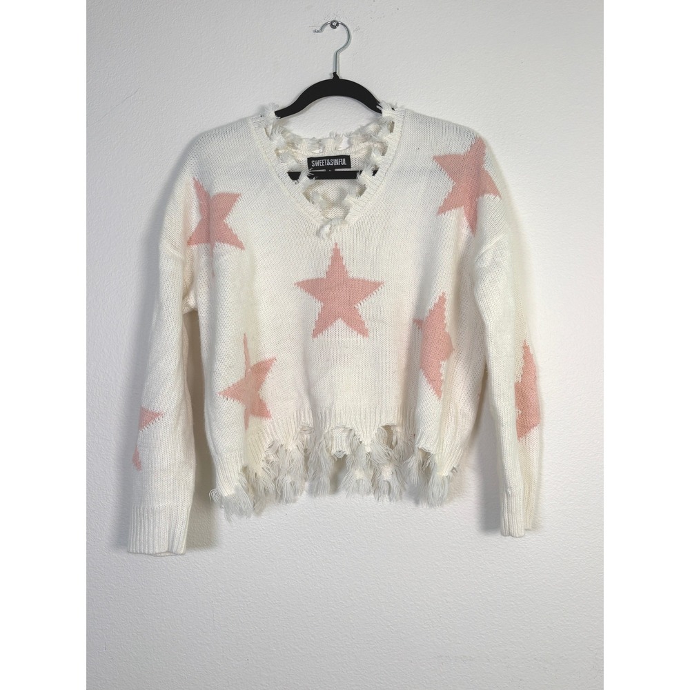 Sweet & Sinful Womens Star Print Distressed Knit Sweater Cream Pink V-Neck Med